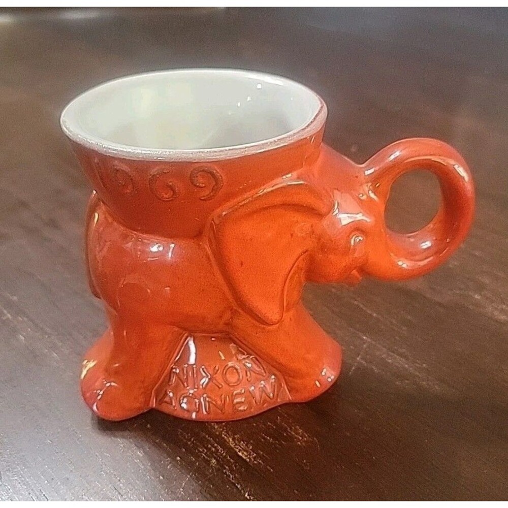 Vintage 1969 Frankoma Nixon Agnew Orange GOP Ceramic Elephant Mug Cup (H48)